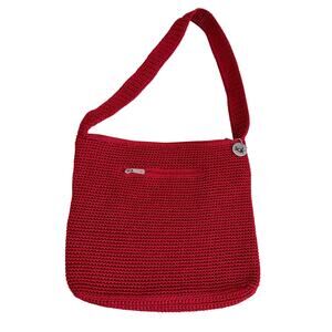 The Sak Hobo Handcrafted Crochet Handbag Womens Red Front Zip Shoulder Bag Purse